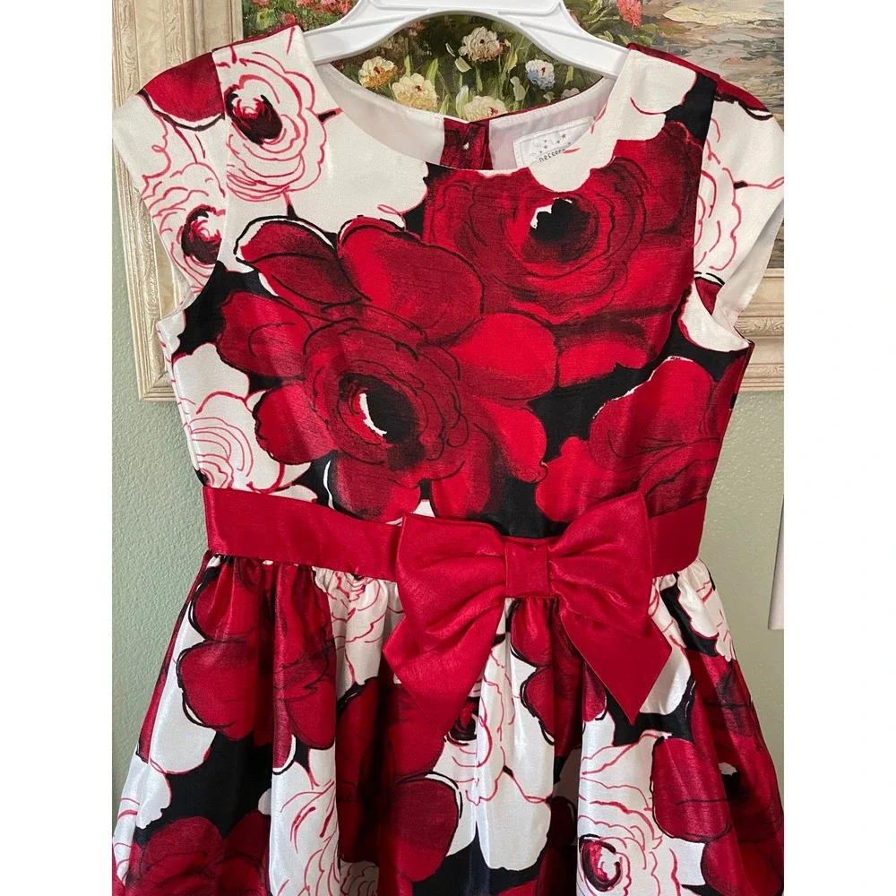 Gymboree Red White Floral Roses Holidays Party Formal Dress Waist Bow Size 8